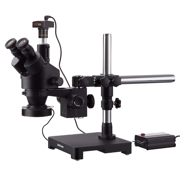 Amscope 3.5X-45X Trinocular Stereo Zoom Microscope on Single-Arm Boom Stand, 80-LED Ring Light, 5MP Camera SM-3TX-80MB-5M-B - main